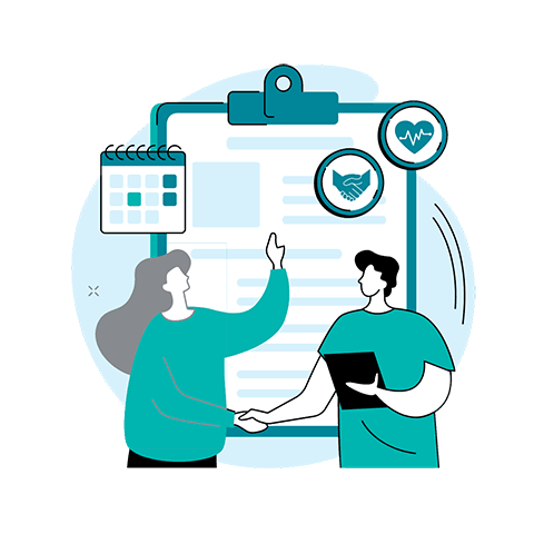 Illustration of two people shaking hands in front of a clipboard with health and agreement symbols. A calendar suggests scheduling. Tone is professional.