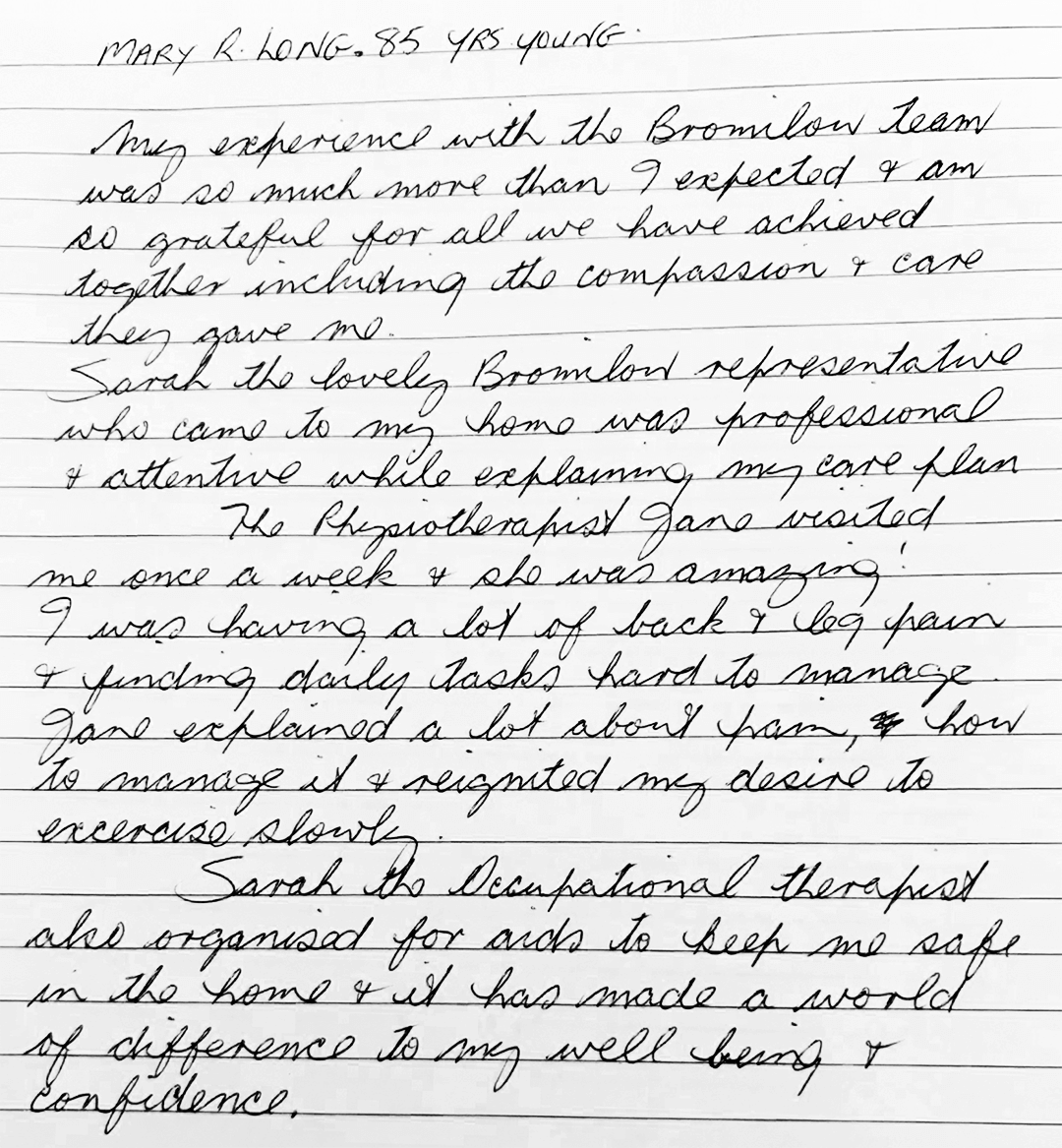 Handwritten letter with neat, cursive writing on lined paper. It expresses gratitude for professional care received from a team, highlighting compassion, attentiveness, and improvements in well-being. 