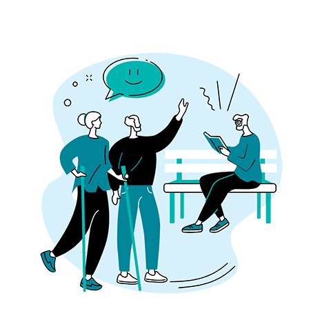 Two people with canes engage in conversation, one gesturing upwards with a speech bubble, while another person sitting on a bench reads a book.