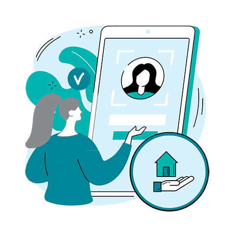 Illustration of a woman interacting with a giant smartphone displaying a profile picture, a checkmark, and a house icon. The tone is modern and digital.