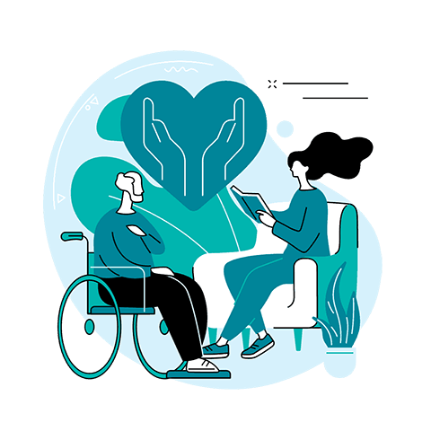 Illustration of a person in a wheelchair and a person on a chair, reading together. A large heart symbol and plant add a caring, serene atmosphere.