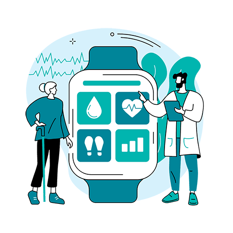 Illustration of a smartwatch displaying health metrics: water intake, heart rate, steps, and graph. A doctor shows features to a casual woman. Modern, informative vibe.